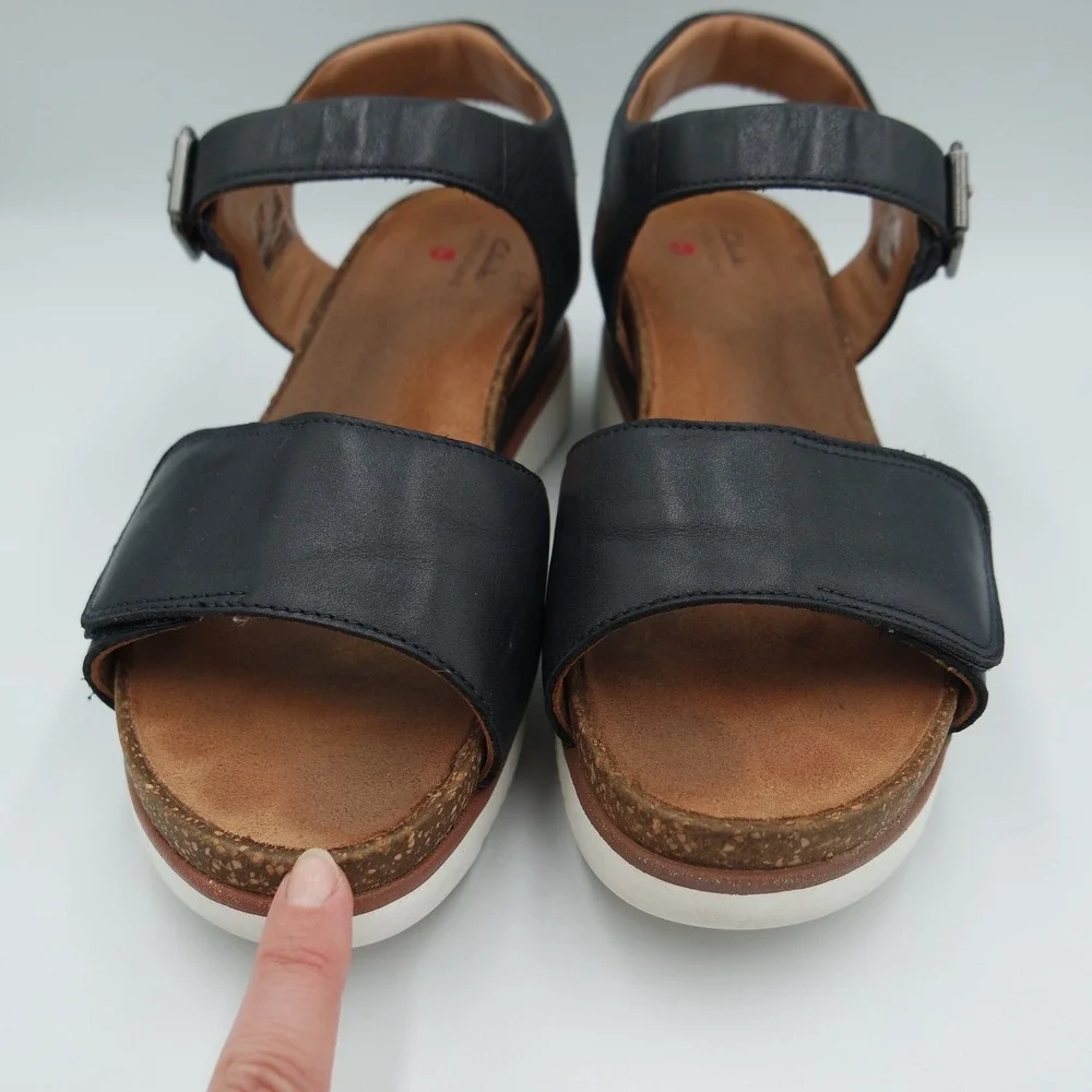 Clarks Lizby Strap Black Leather Wedge Sandals Womens 9.5 W